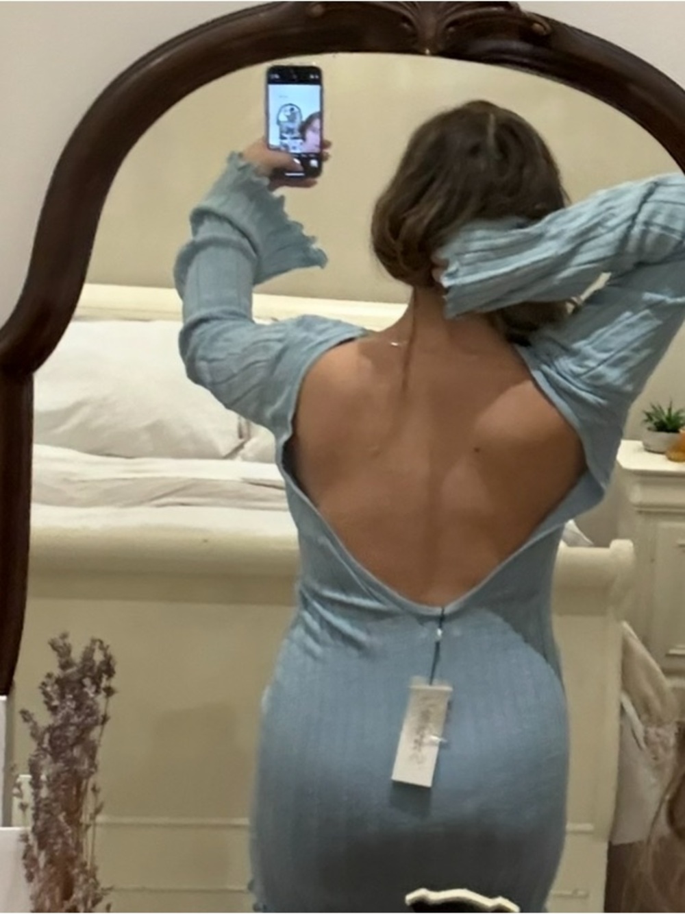 Blue Open-Back Ribbed Long-Sleeve Mini Dress - Picture 4 of 7